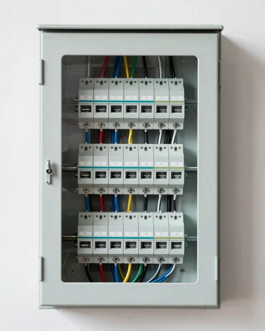 Clean professional architectural photography of a neatly wired electrical panel in a modern French house, sharp precisio