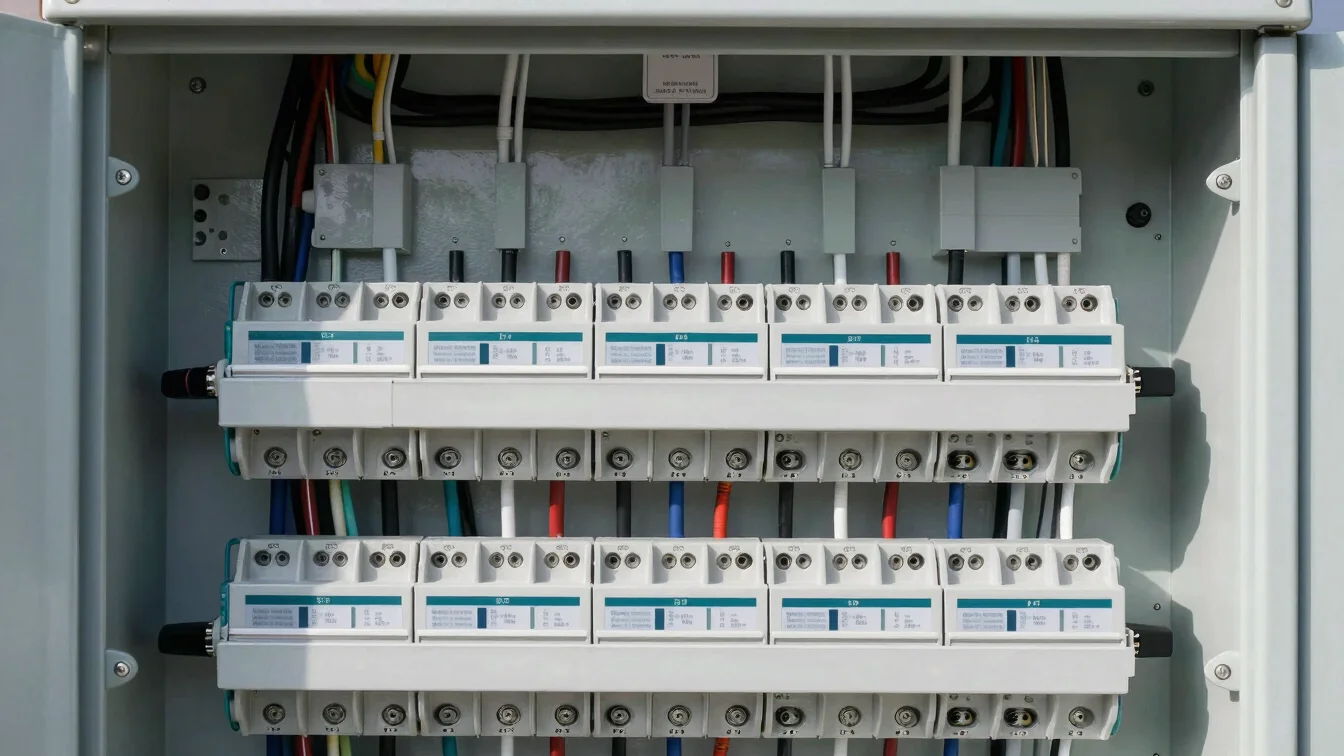 Clean, detailed view of a modern electrical panel, neatly wired, under bright daylight, technical clarity.