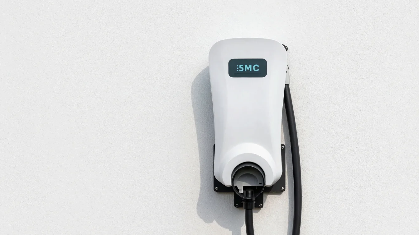 Residential EV charging station installed neatly on a wall, clean modern design, bright daylight, sharp precision.