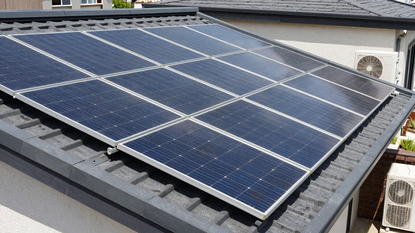 Close-up of neatly installed solar panels on a modern residential roof, alongside a clean outdoor AC unit, bright daylig