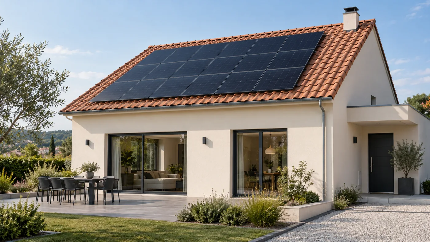 Illustration d’une maison avec des panneaux photovoltaïques sur une toiture en tuiles