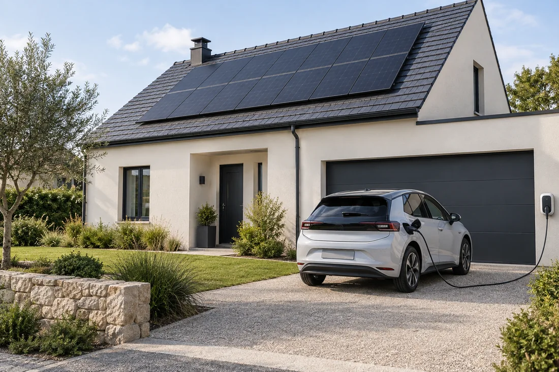 Illustration d’un véhicule électrique en charge devant une maison équipée de panneaux solaires
