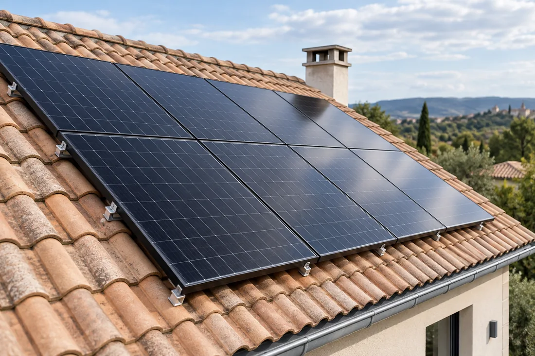 Illustration de modules photovoltaïques alignés sur une toiture en tuiles