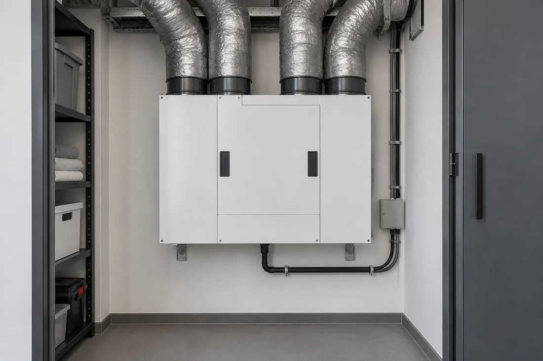 Illustration d’un groupe VMC double flux avec quatre gaines dans un local technique
